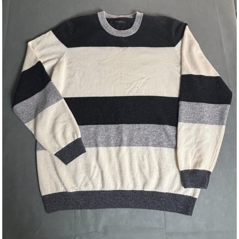 Naadam Sweater Men's XL White Black Gray Striped Long Sleeve Crew Neck Pullover